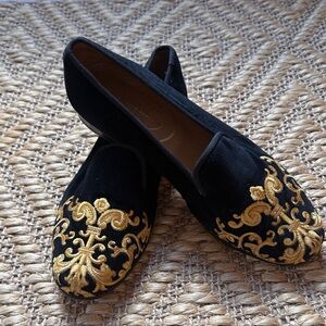 Stubbs & Wootton Black and Gold Embroidered Flats